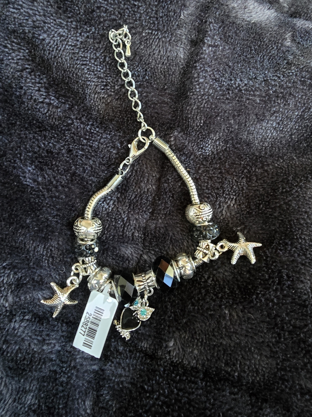 Silver-Tone Black Bead Starfish Charm Bracelet